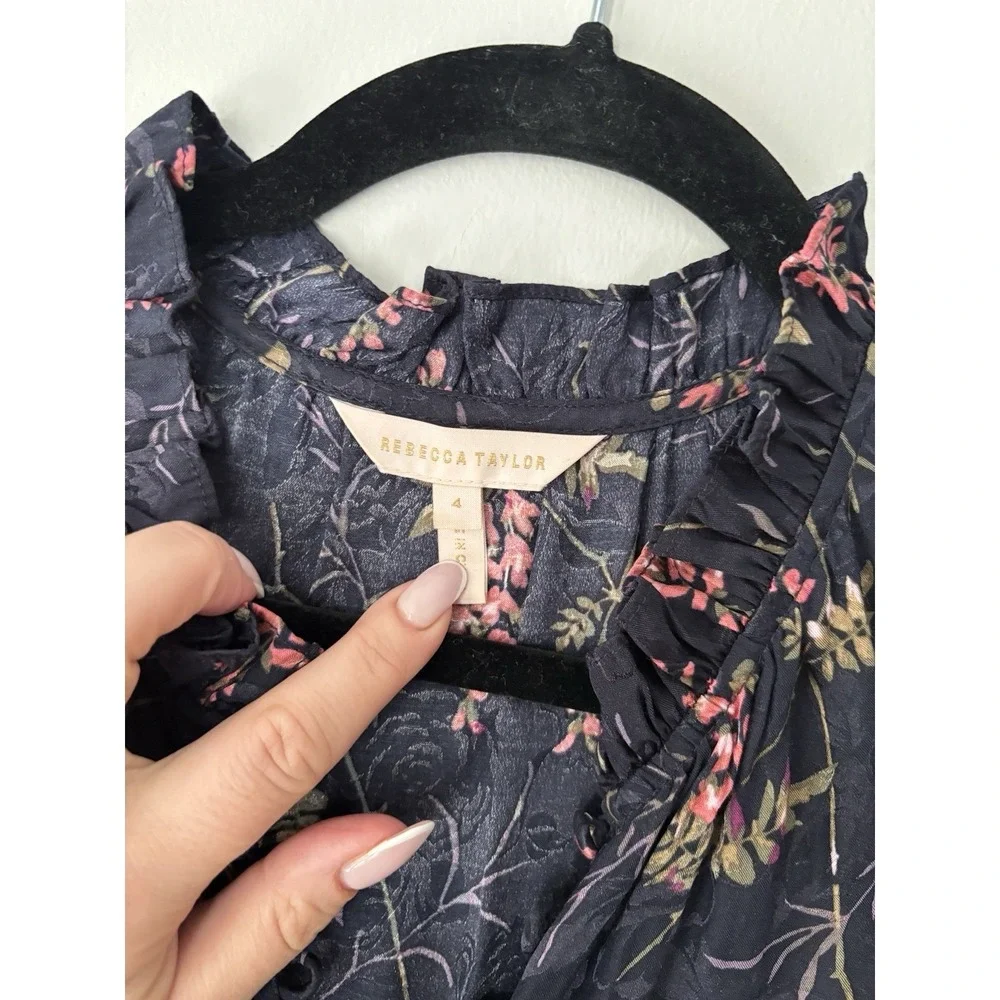 REBECCA TAYLOR Ivie Floral Ruffle Silk Blend Dress In Navy Combo Size 4‎